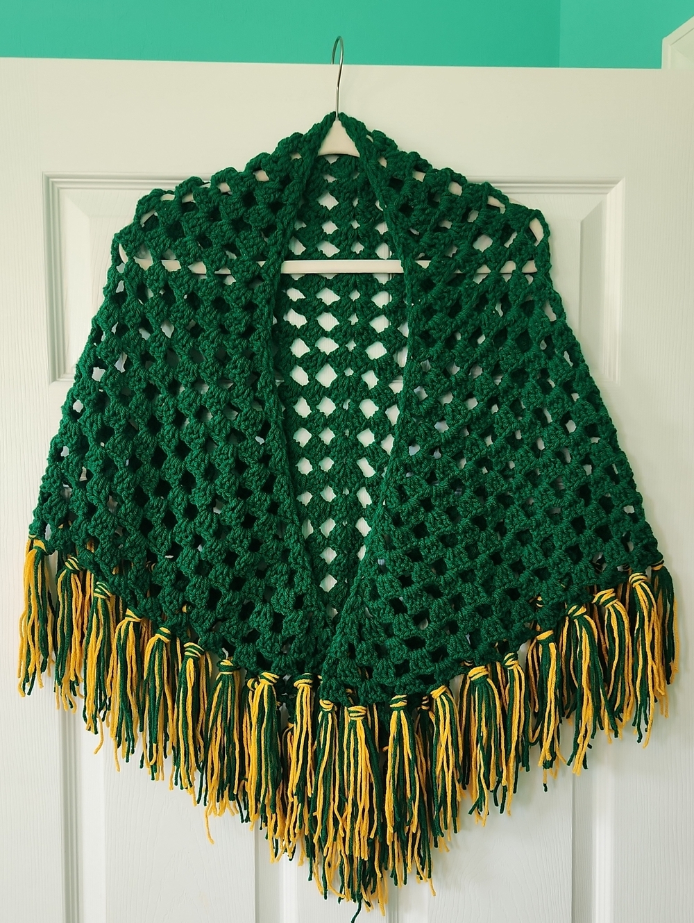 Handmade  Varsity Green Crochet Shawl with Varsity Gold Fringe
